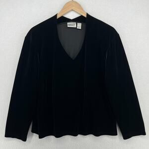 CHICOS Top 3 XL DESIGN Velvet Velour V-Neck Long Sleeve Blouse Black USA VTG
